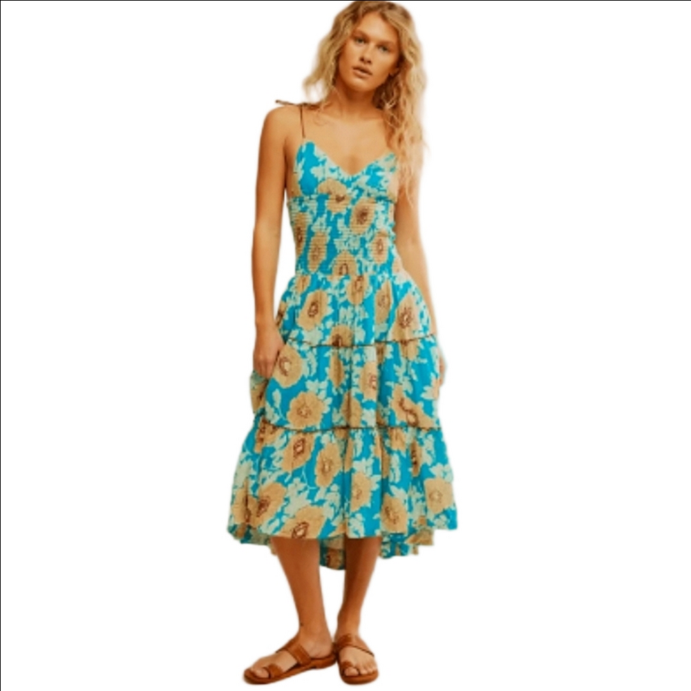 Free People Adriel Floral Print V-Neck Sleeveless Tiered Midi Dress M